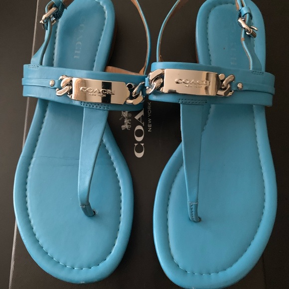 Coach Shoes - Coach Turquoise Leather T-Strap Sandals with Silver Plaque Accent